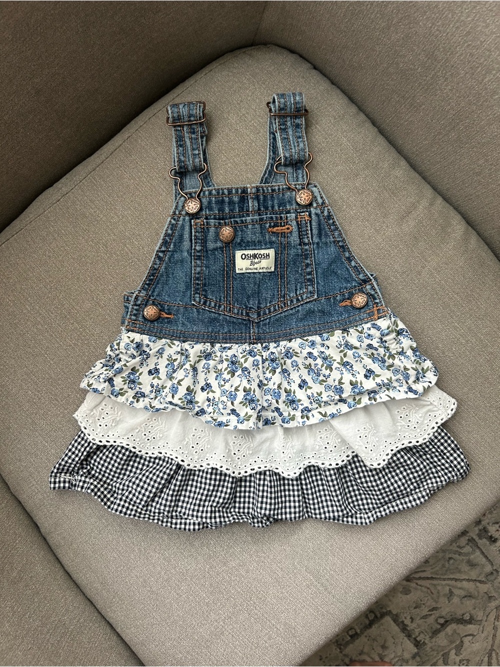 OshKosh Denim Ruffle Overall Dress in Blue 18m